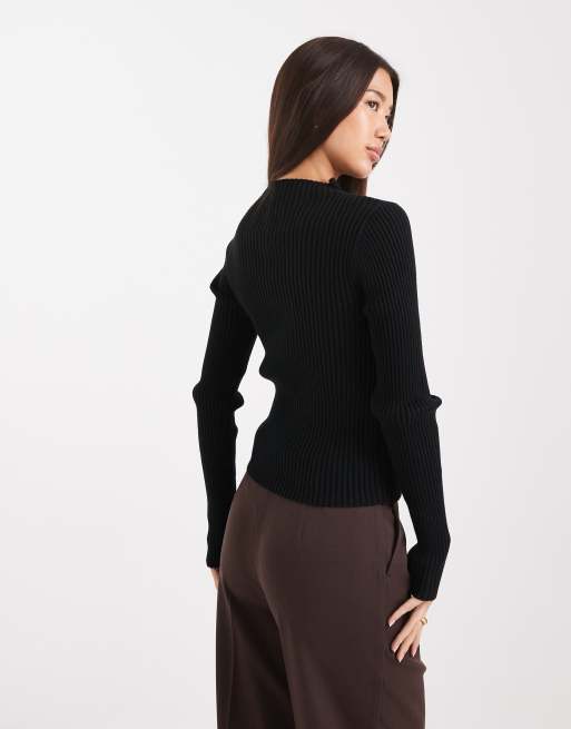ASOS DESIGN knitted placement rib high neck top in black
