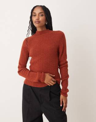 Asos Design Rib Knit Relaxed Funnel Neck Top In Brown
