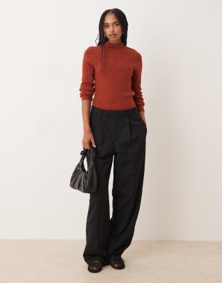 Asos Design Rib Knit Relaxed Funnel Neck Top In Brown