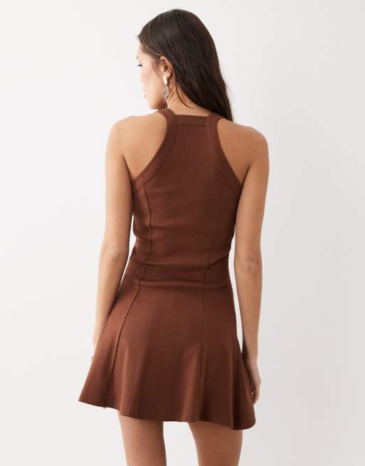 ASOS DESIGN rib knit seam detailing halter neck mini dress in chocolate, 4 of 4