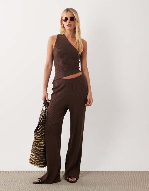 ASOS DESIGN one shoulder knit rib top & straight leg trouser co-ord in chocolate, 2 of 3