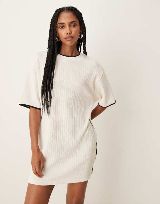 ASOS DESIGN rib knit t-shirt mini dress in cream