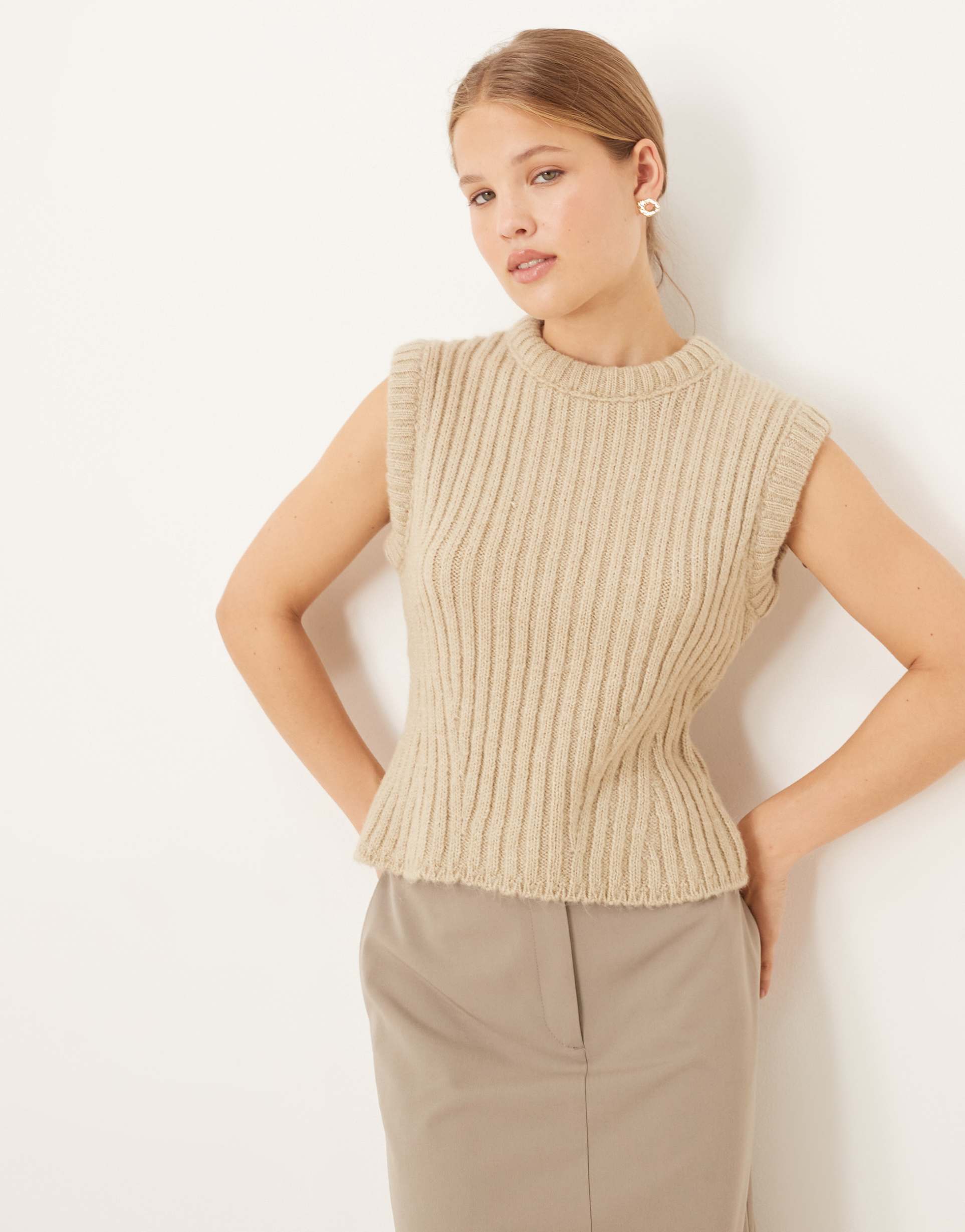 asos design rib knit top with stuffed trim in oatmeal