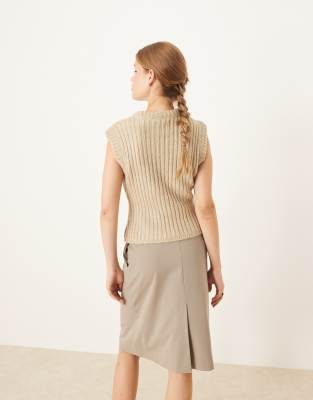 Asos Design Rib Knit Top With Stuffed Trim In Gray