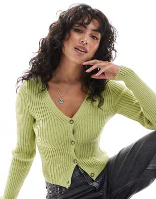 rib knit v neck cardigan in sage green