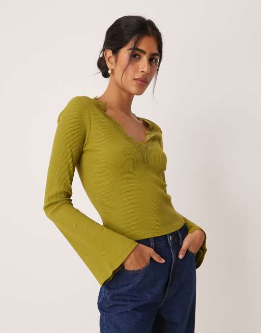 ASOS DESIGN rib knit v neck top with lace trim and flared sleeves in dark olive