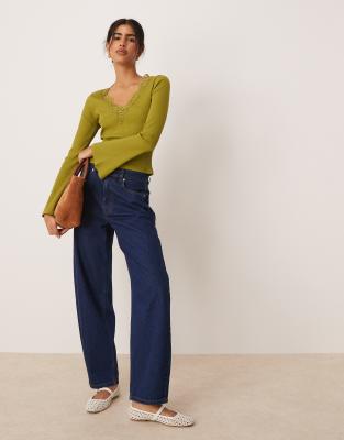 Asos Design Rib Knit V Neck Top With Lace Trim And Flared Sleeves In Green