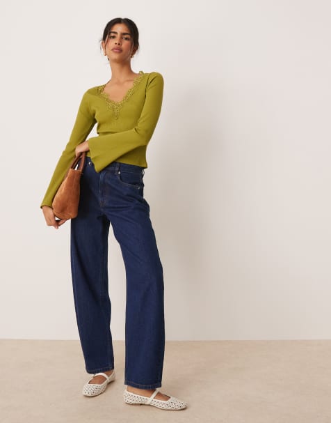 ASOS DESIGN rib knit v neck top with lace trim and flared sleeves in dark olive - view 1