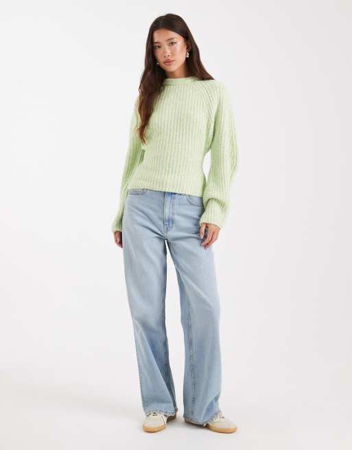 ASOS DESIGN rib knit waisted sweater with banana sleeves in sage