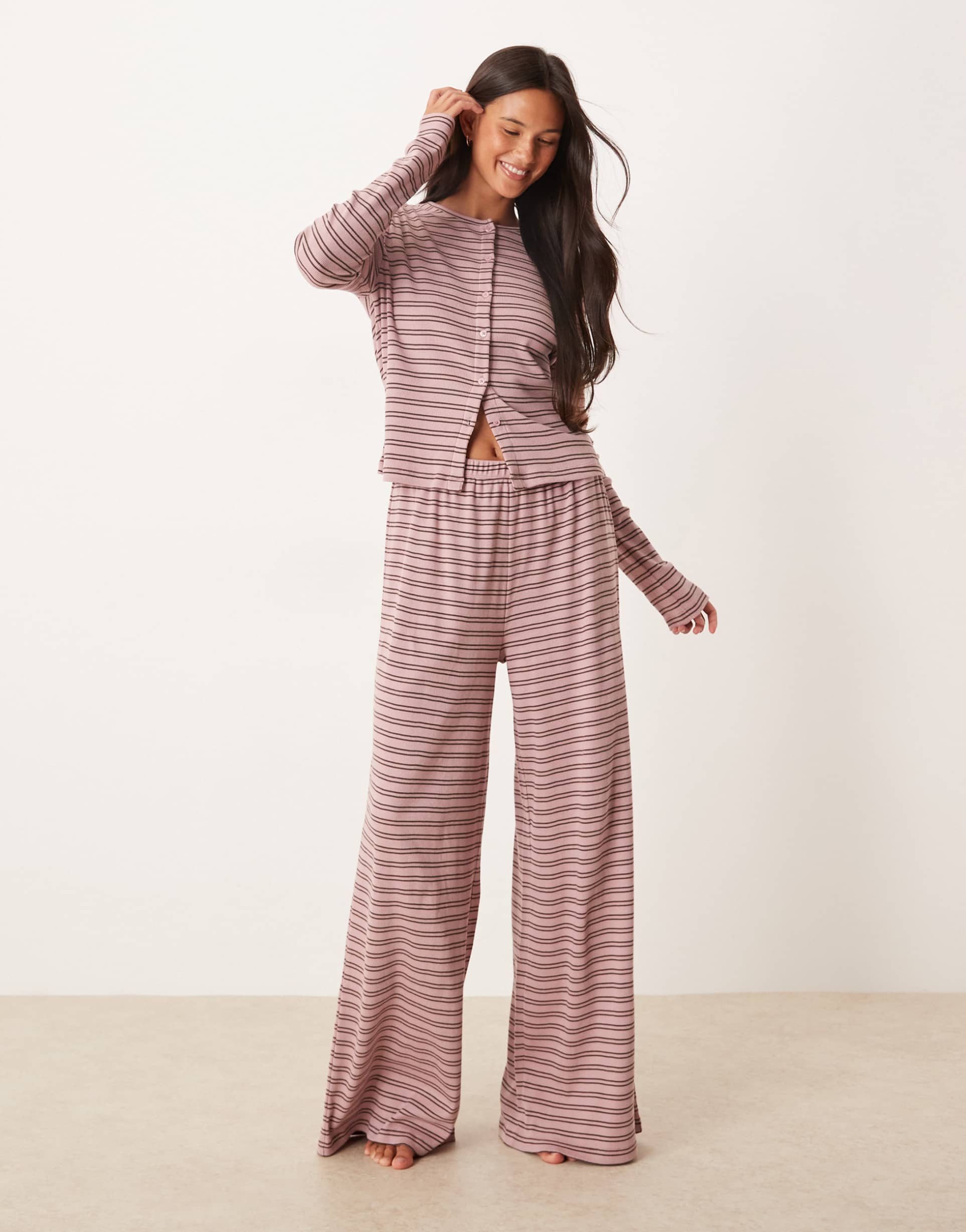 asos design rib knit wide leg pajama pants in pink & brown stripes