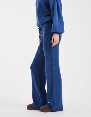 Asos Design Rib Knit Wide Leg Pants In Blue