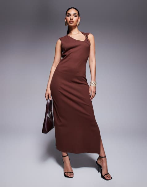 ASOS DESIGN rib knitted midi dress with hardware detail in chocolate - view 1