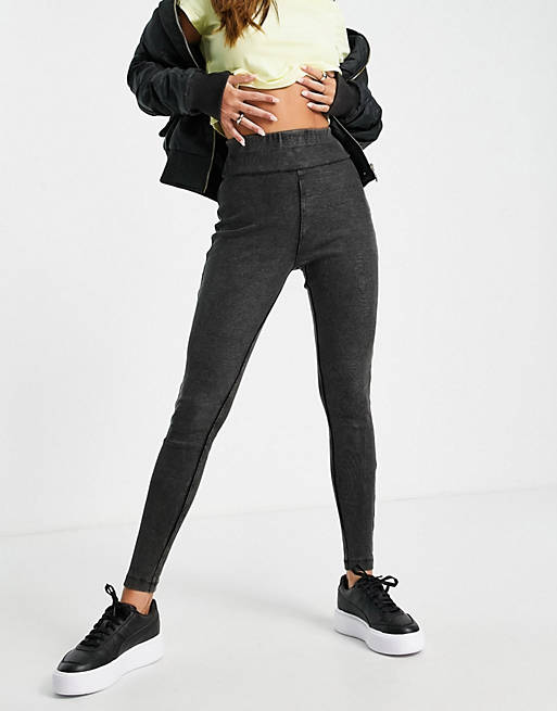 Women rib legging with high waist in washed black 