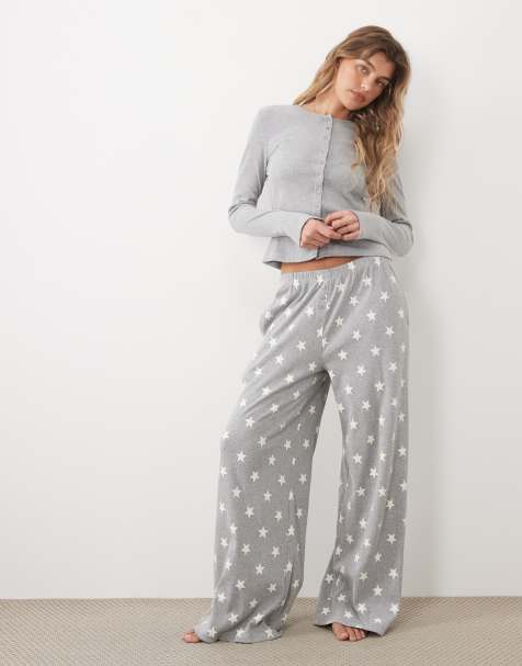 ASOS DESIGN rib long sleeve pyjama set with stars in gray - view 1