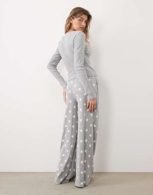 ASOS DESIGN rib long sleeve pyjama set with stars in grey, 2 of 4