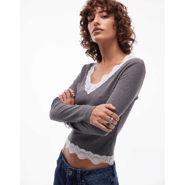 ASOS DESIGN rib long sleeve top with lace detail in charcoal ASOS