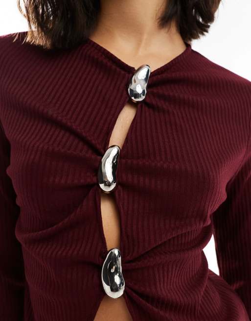 ASOS DESIGN rib long sleeve top with silver buttons in burgundy | ASOS