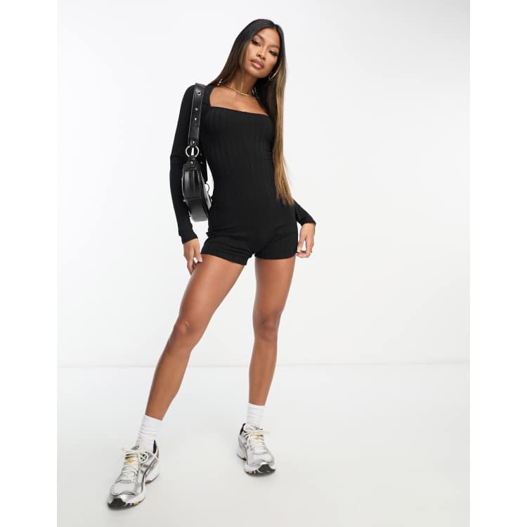 ASOS DESIGN rib long sleeve unitard playsuit in black