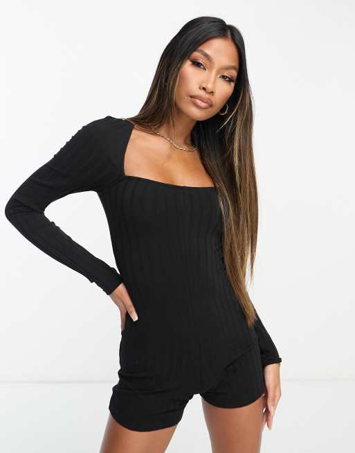 ASOS DESIGN rib long sleeve unitard playsuit in black