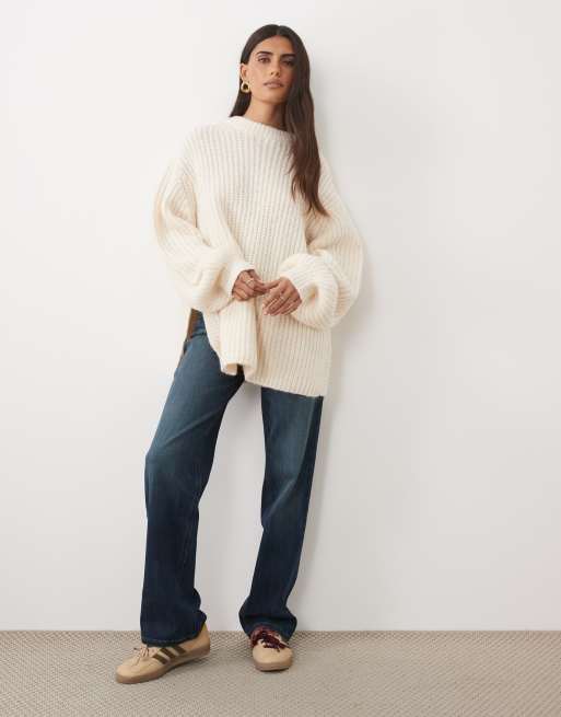 ASOS DESIGN rib longline jumper with side split with wool in cream, 2 of 4