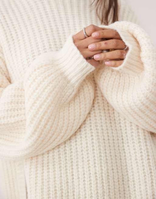 ASOS DESIGN rib longline jumper with side split with wool in cream, 4 of 4