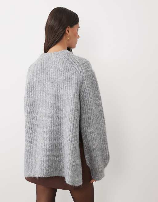 ASOS DESIGN rib longline jumper with side split with wool in grey, 4 of 4