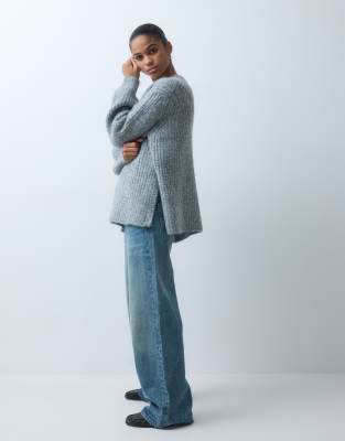 Asos Design Rib Longline Sweater With Side Split With Wool In Gray