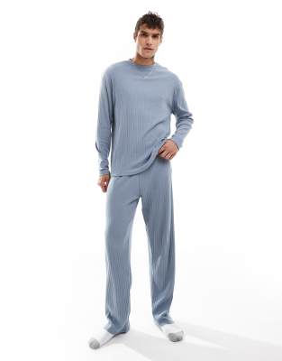 Asos Design Rib Lounge Set With Long Sleeve T-shirt And Bottoms In Blue-gray