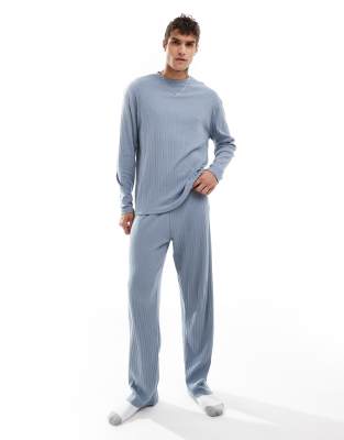 rib lounge set with long sleeve t-shirt and bottoms in blue-Gray