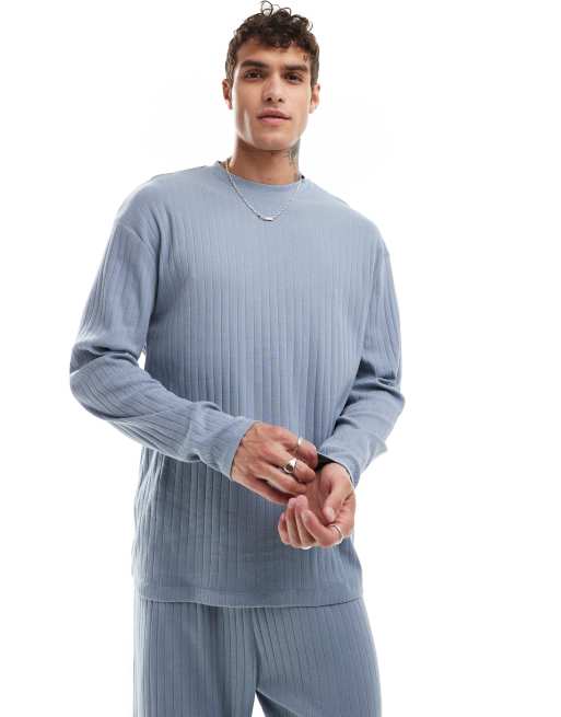 ASOS DESIGN rib lounge set with long sleeve t-shirt and bottoms in blue, 3 of 4