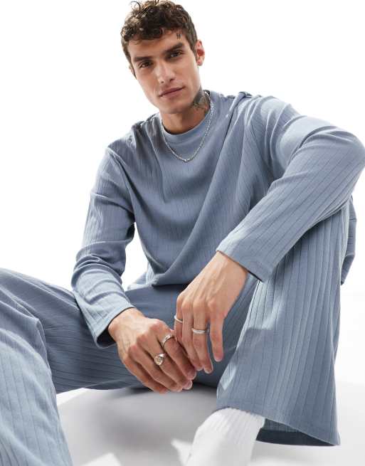 ASOS DESIGN rib lounge set with long sleeve t-shirt and bottoms in blue, 4 of 4