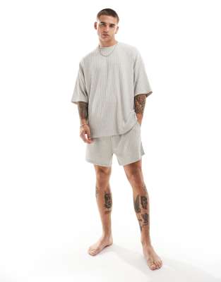 rib lounge set with t-shirt and shorts in khaki-Green