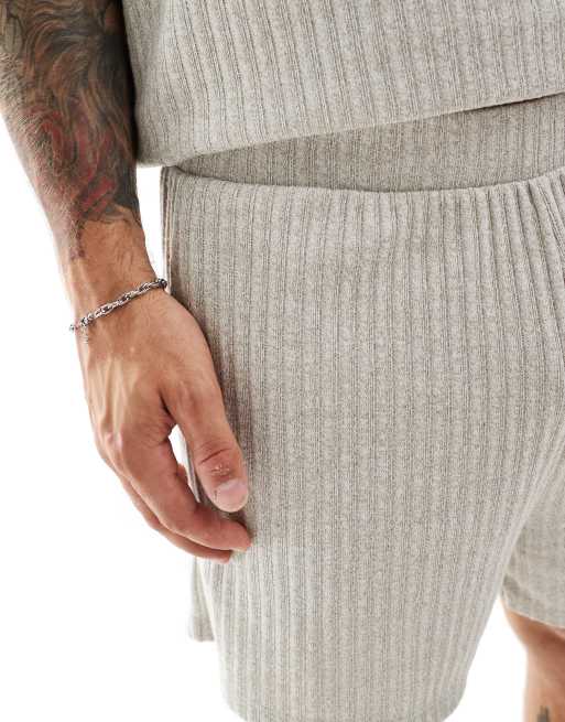 ASOS DESIGN rib lounge set with t-shirt and shorts in khaki , 2 of 4