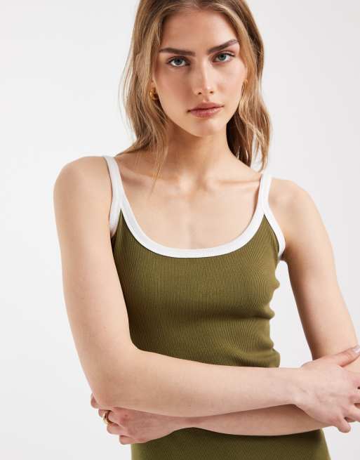 ASOS DESIGN rib midi dress in khaki with contrast white trim, 4 of 4