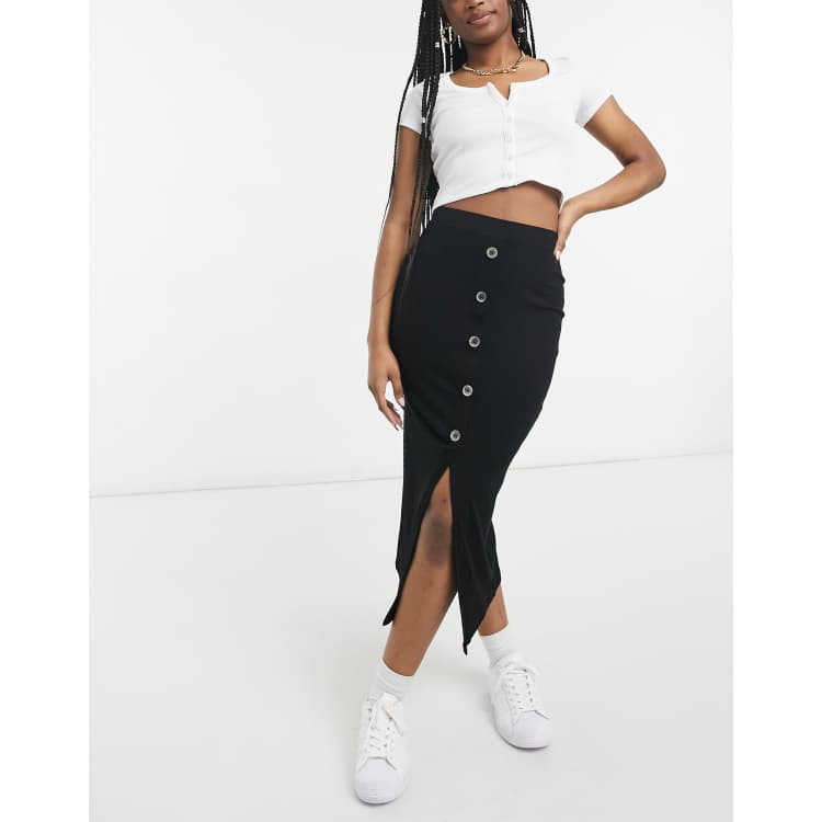 ASOS DESIGN rib midi skirt with horn buttons in black