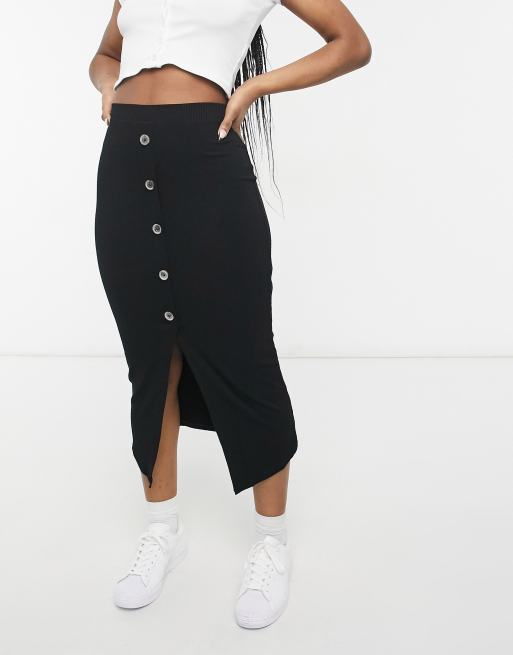 ASOS DESIGN rib midi skirt with horn buttons in black