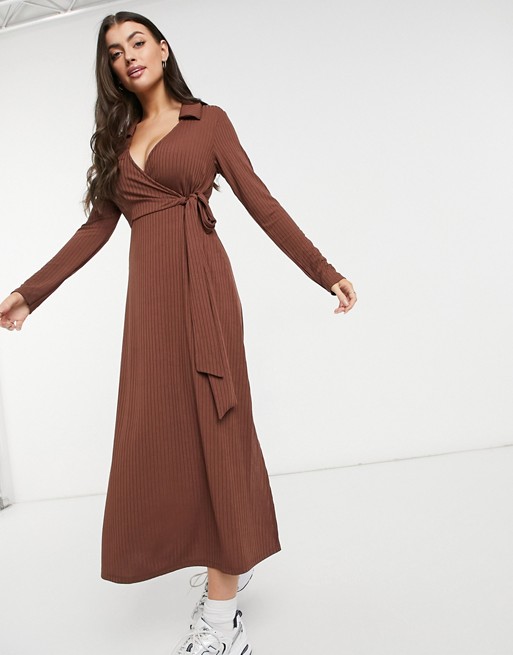 ASOS DESIGN rib midi wrap dress with long sleeves in chocolate brown