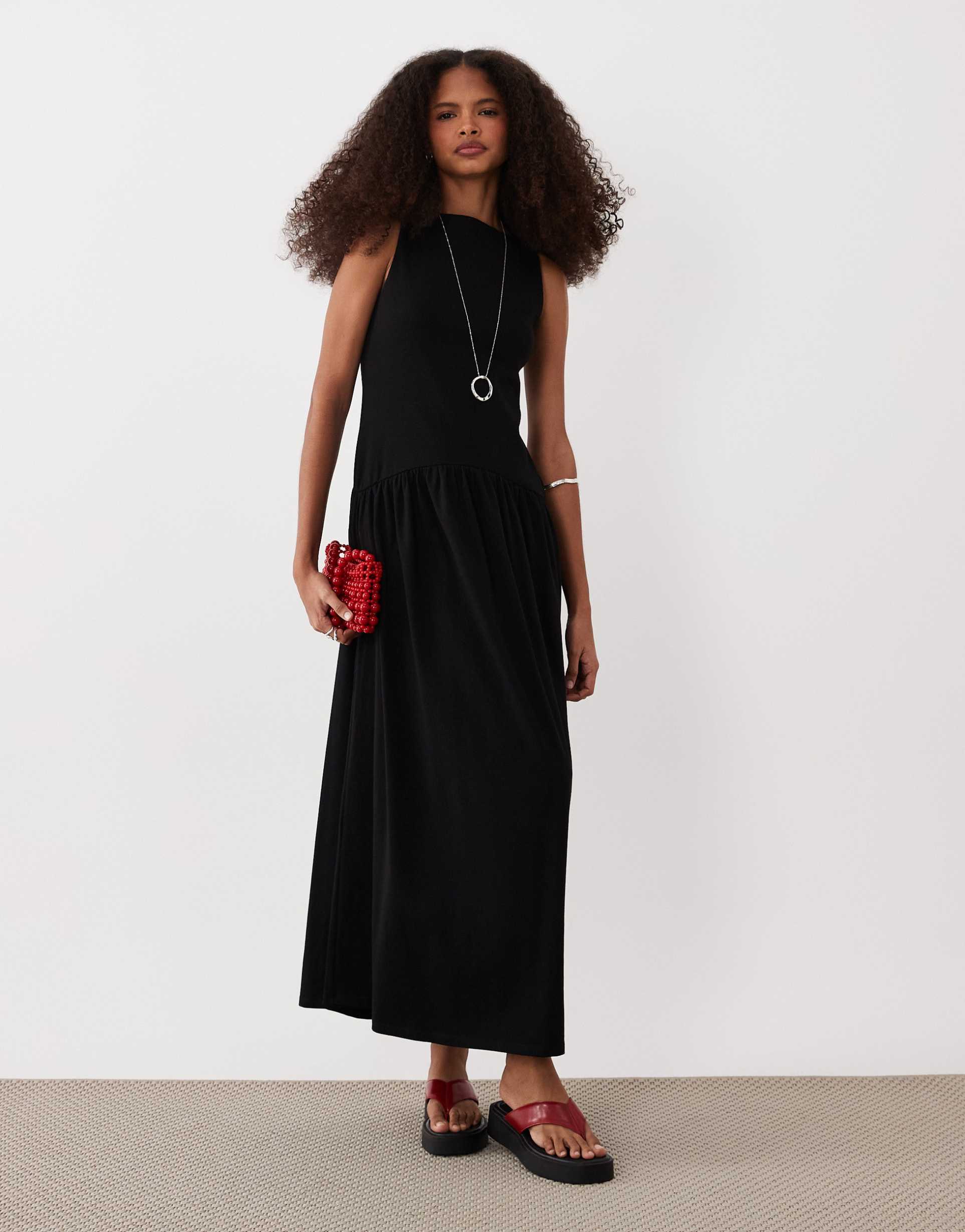 asos design rib mix midi dress with drop waist in black