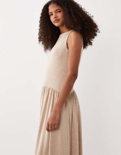 ASOS DESIGN rib mix midi dress with drop waist in oatmeal, 2 of 4