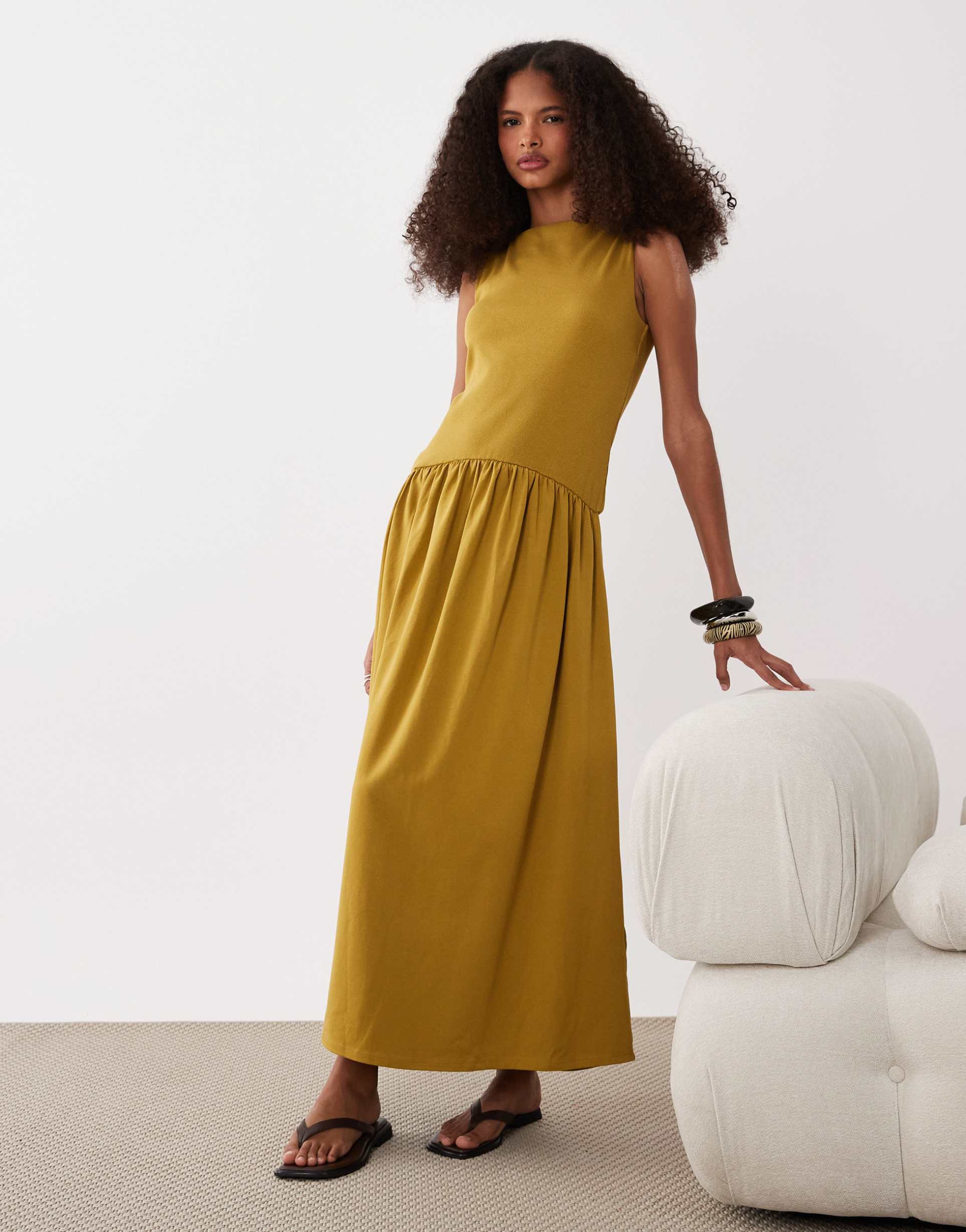 asos design rib mix midi dress with drop waist in olive