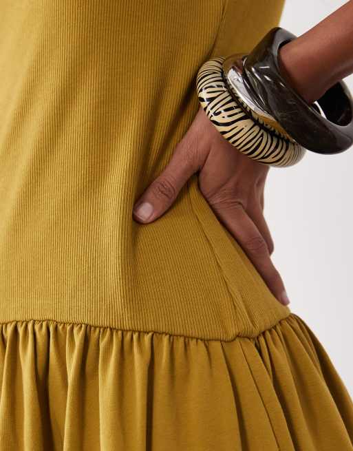 ASOS DESIGN rib mix midi dress with drop waist in olive, 3 of 4