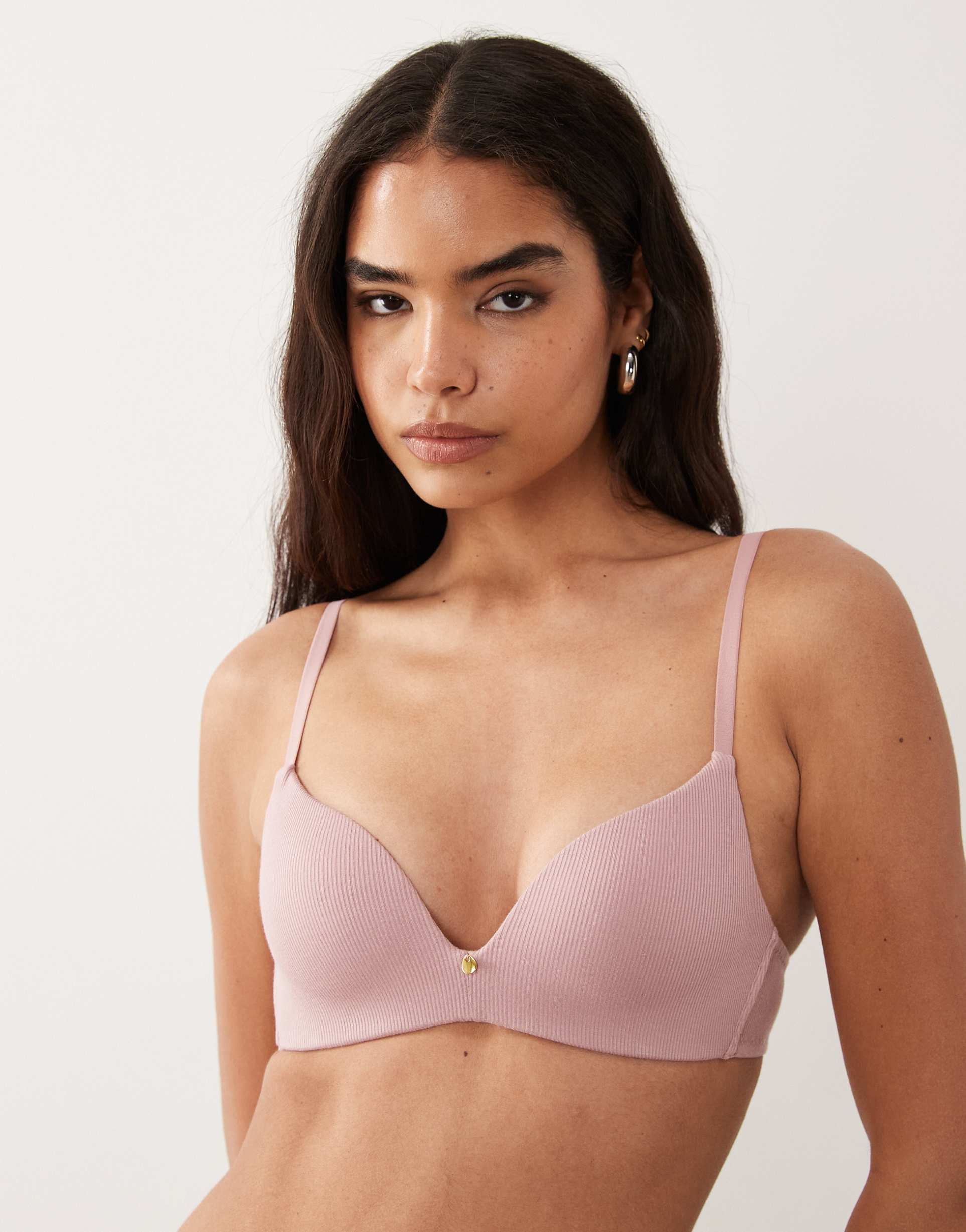 asos design rib moulded non wire padded plunge bra in pink