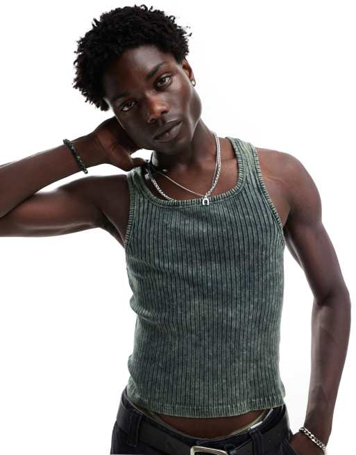 ASOS DESIGN rib muscle fit singlet with square neck in brown fabric