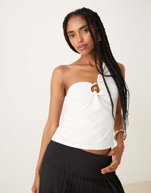ASOS DESIGN rib off shoulder top with gold trim detail in cream