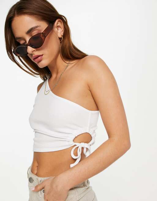 ASOS DESIGN rib one shoulder top with ruched side in white