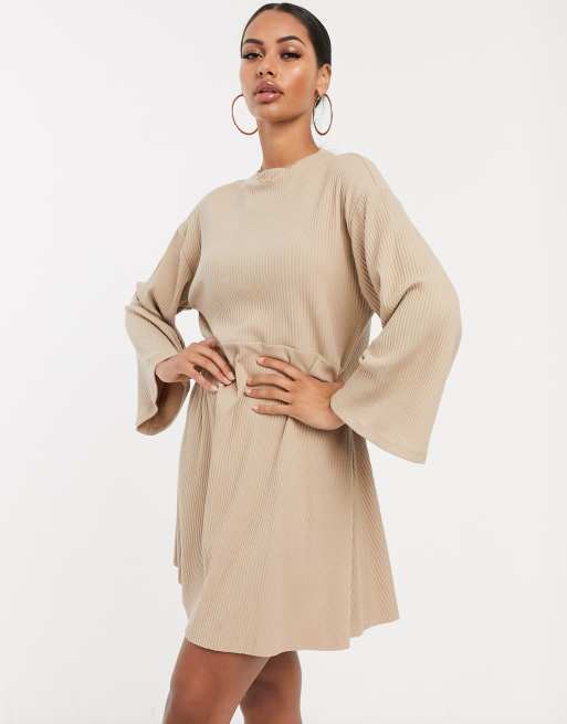 ASOS DESIGN rib oversized smock dress in camel