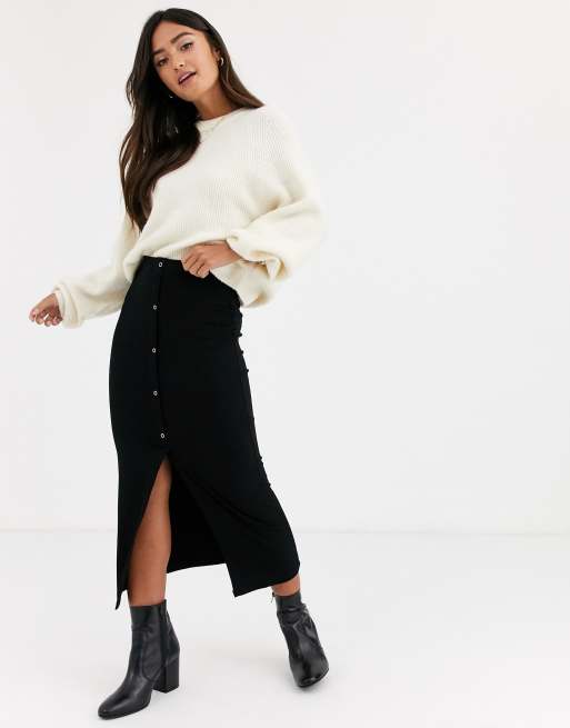 ASOS DESIGN rib popper midi skirt in black