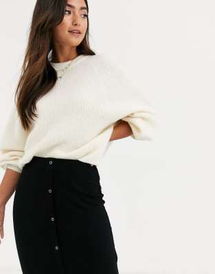 ASOS DESIGN rib popper midi skirt in black