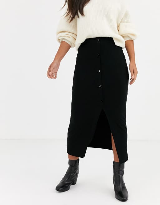 ASOS DESIGN rib popper midi skirt in black