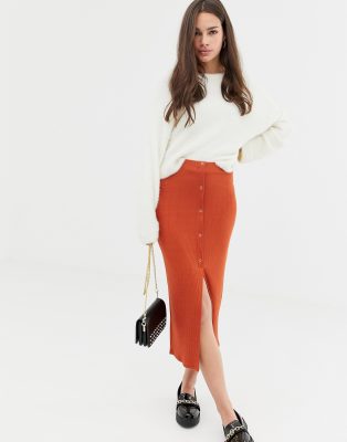 asos design rib popper midi skirt